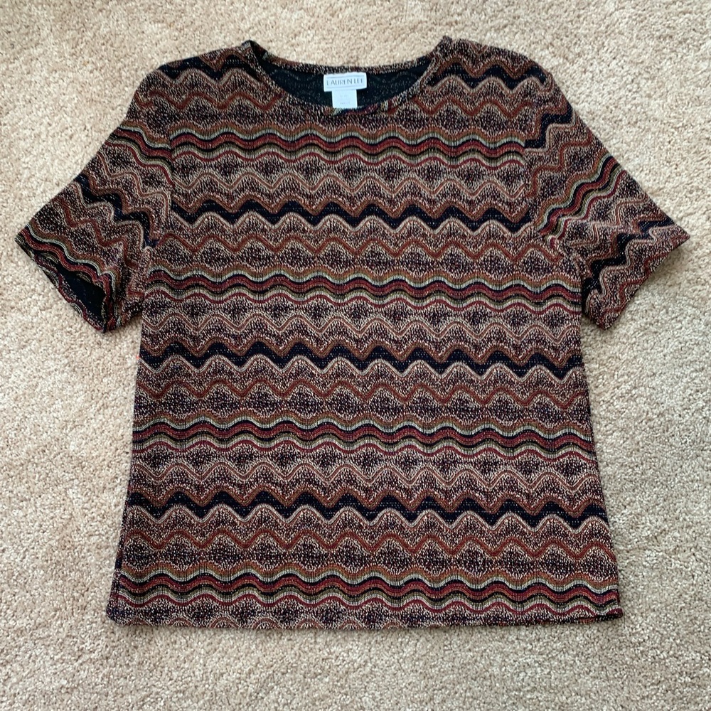 LAUREN LEE Vintage Patterned Multi Colored Sparkle T-Shirt